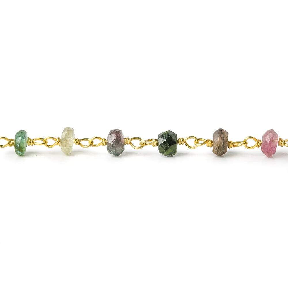 4mm Green and Pink Tourmaline faceted rondelle Vermeil Chain by the foot - Beadsofcambay.com