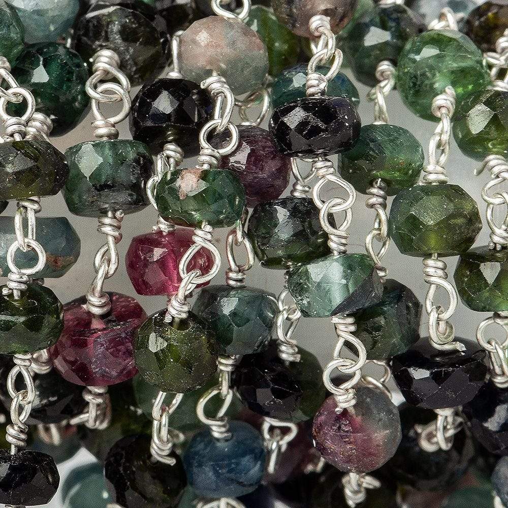 4mm Green and Pink Tourmaline rondelle Sterling Silver Chain by the foot - Beadsofcambay.com