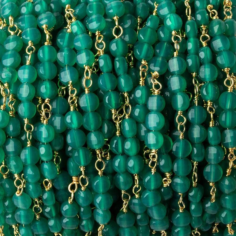 4mm Green Onyx faceted coin Trio Gold Chain by the foot 54 beads per length - Beadsofcambay.com
