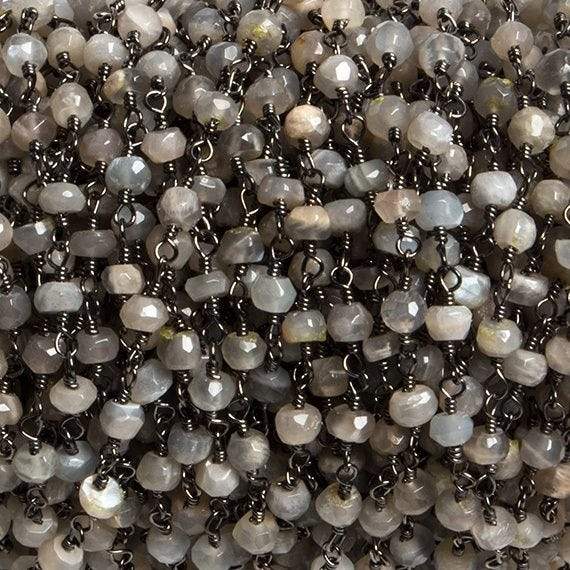 4mm Grey Moonstone faceted rondelle Black Gold Chain by the foot 34 pieces - Beadsofcambay.com