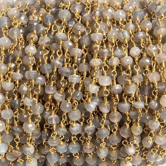 4mm Grey Moonstone faceted rondelle Gold Chain by the foot 34 pieces - Beadsofcambay.com