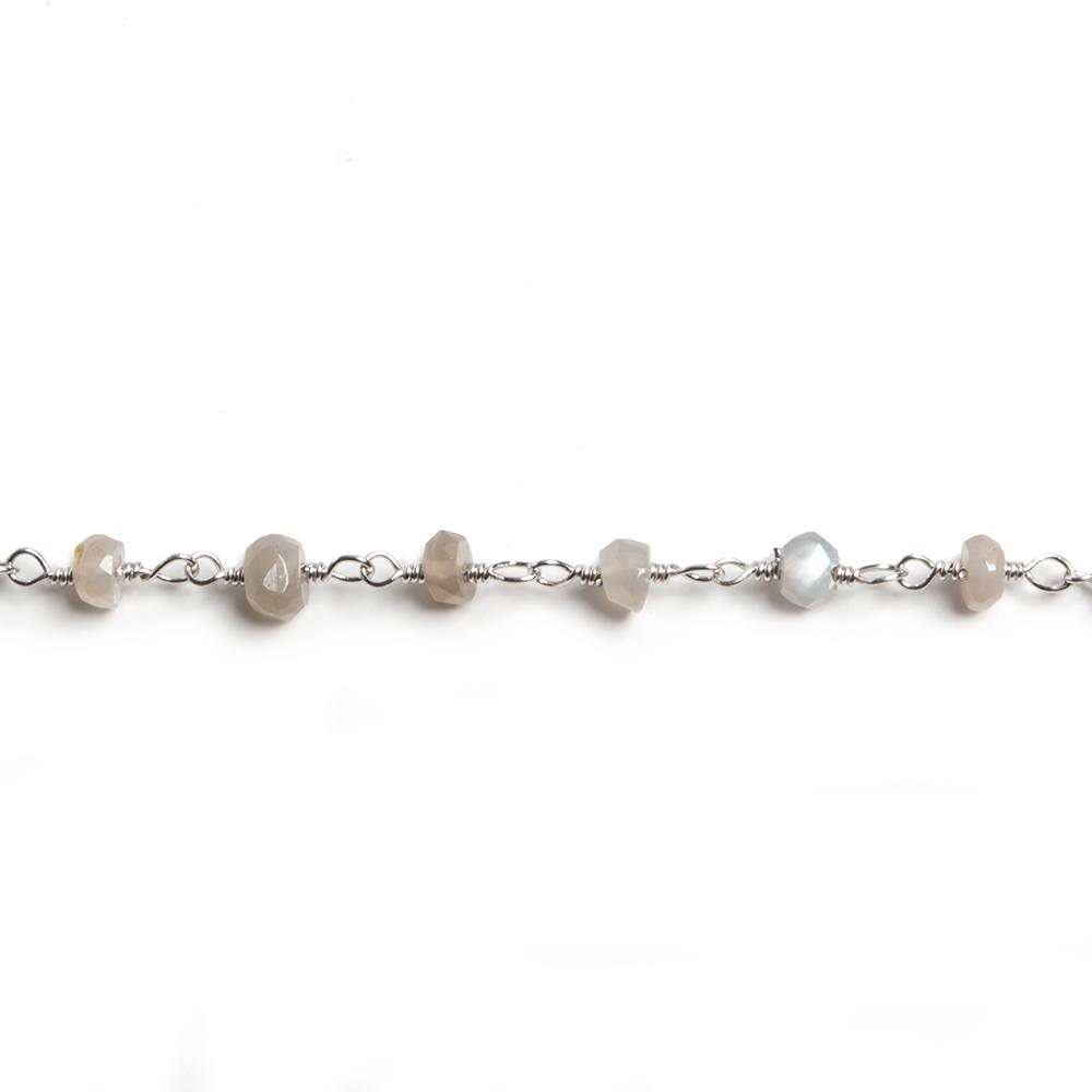 4mm Grey Moonstone faceted rondelle Silver Chain by the foot 34 pieces - Beadsofcambay.com