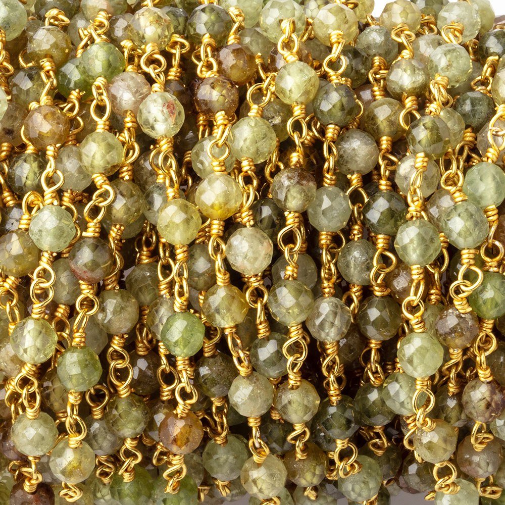 4mm Grossular Garnet Micro Faceted Rounds on Gold Plated Chain - Beadsofcambay.com