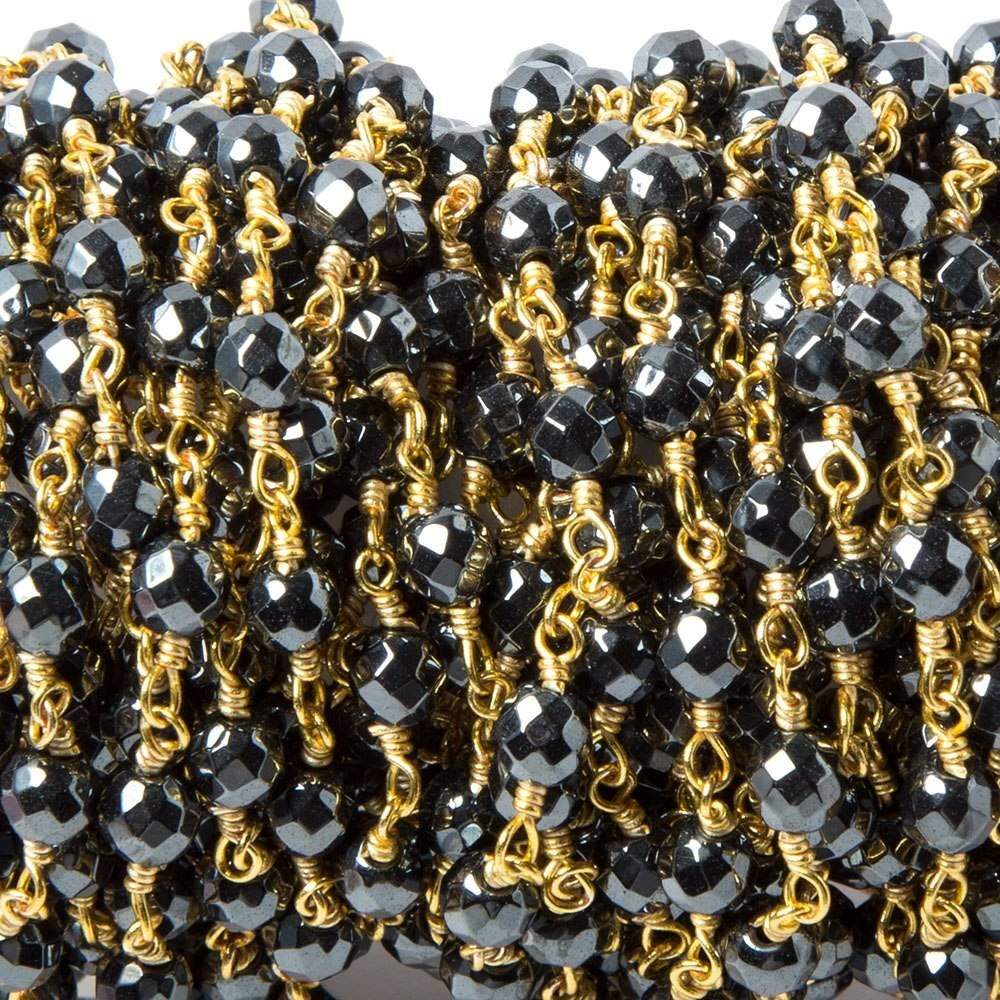 4mm Hematite faceted round Gold Chain by the foot 31 pcs - Beadsofcambay.com