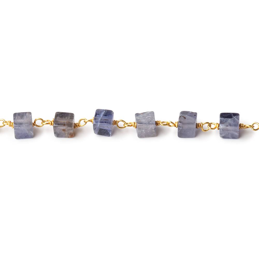 4mm Iolite Plain Cube beads on Vermeil Chain 33 pieces per foot - Beadsofcambay.com