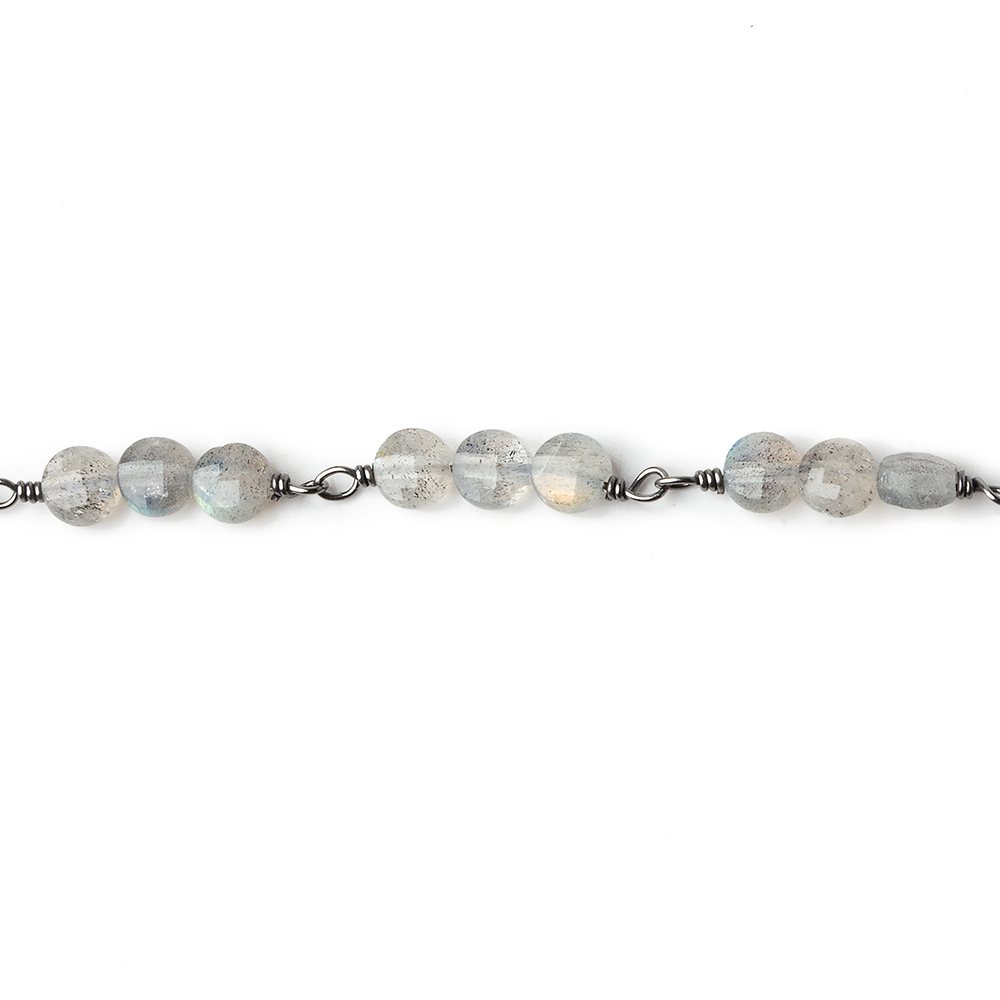 4mm Labradorite faceted coin Trio Black Gold Chain by the foot 54 beads per length - Beadsofcambay.com