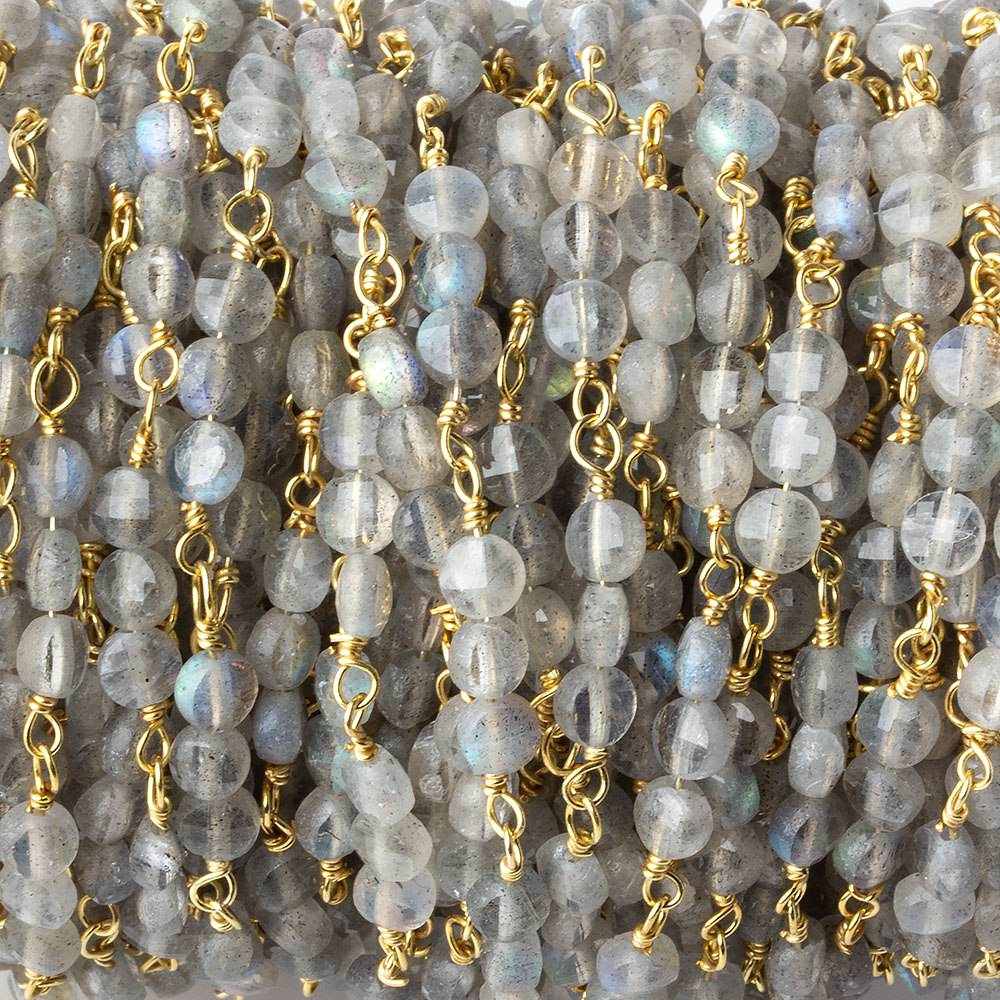 4mm Labradorite faceted coin Trio Gold Chain by the foot 54 beads per length - Beadsofcambay.com