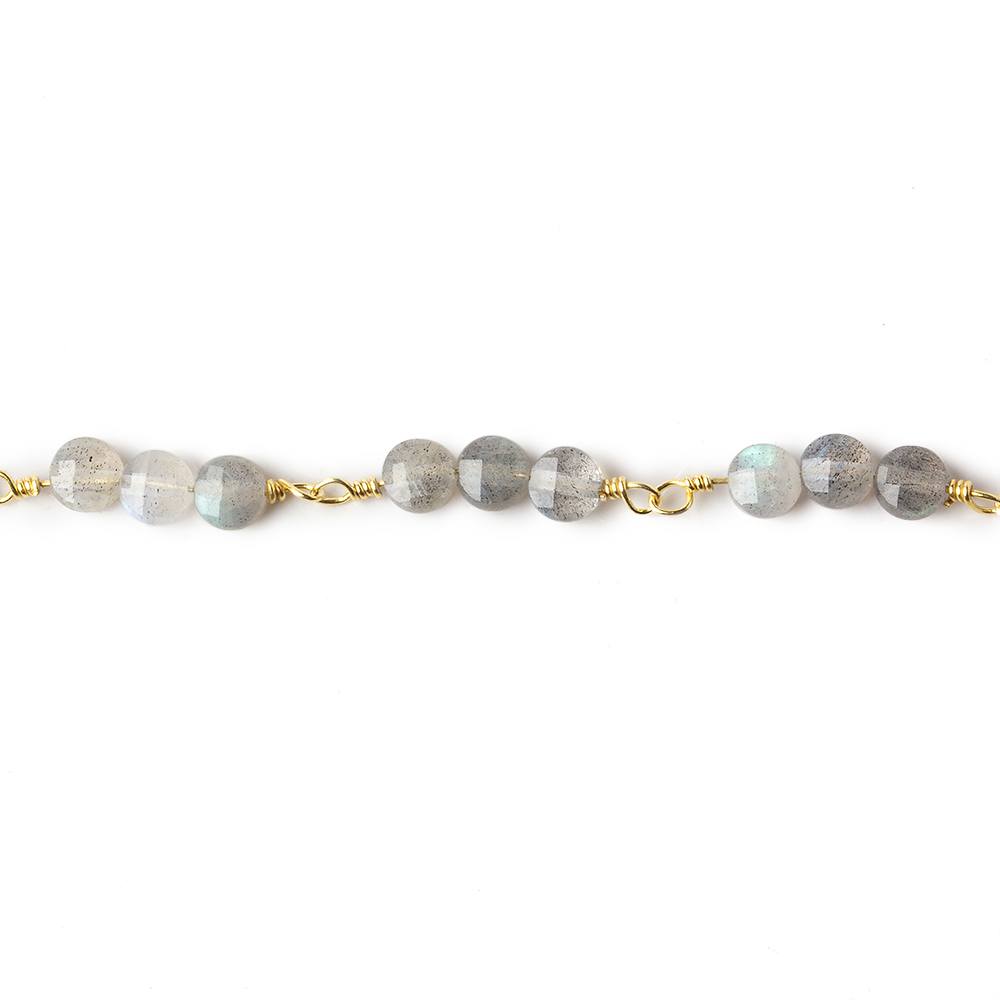 4mm Labradorite faceted coin Trio Gold Chain by the foot 54 beads per length - Beadsofcambay.com