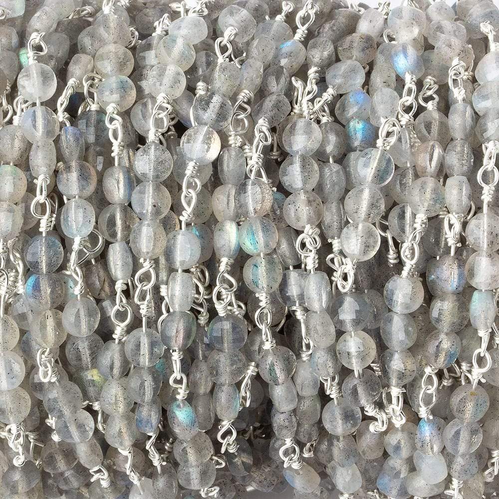 4mm Labradorite faceted coin Trio Silver Chain by the foot 54 beads per length - Beadsofcambay.com