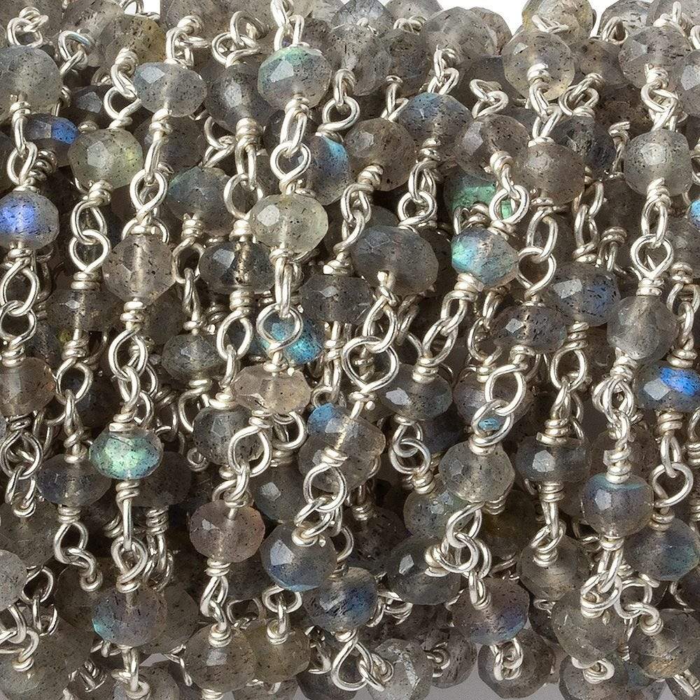 4mm Labradorite faceted rondelle .925 Silver Chain by the foot 34 pcs - Beadsofcambay.com