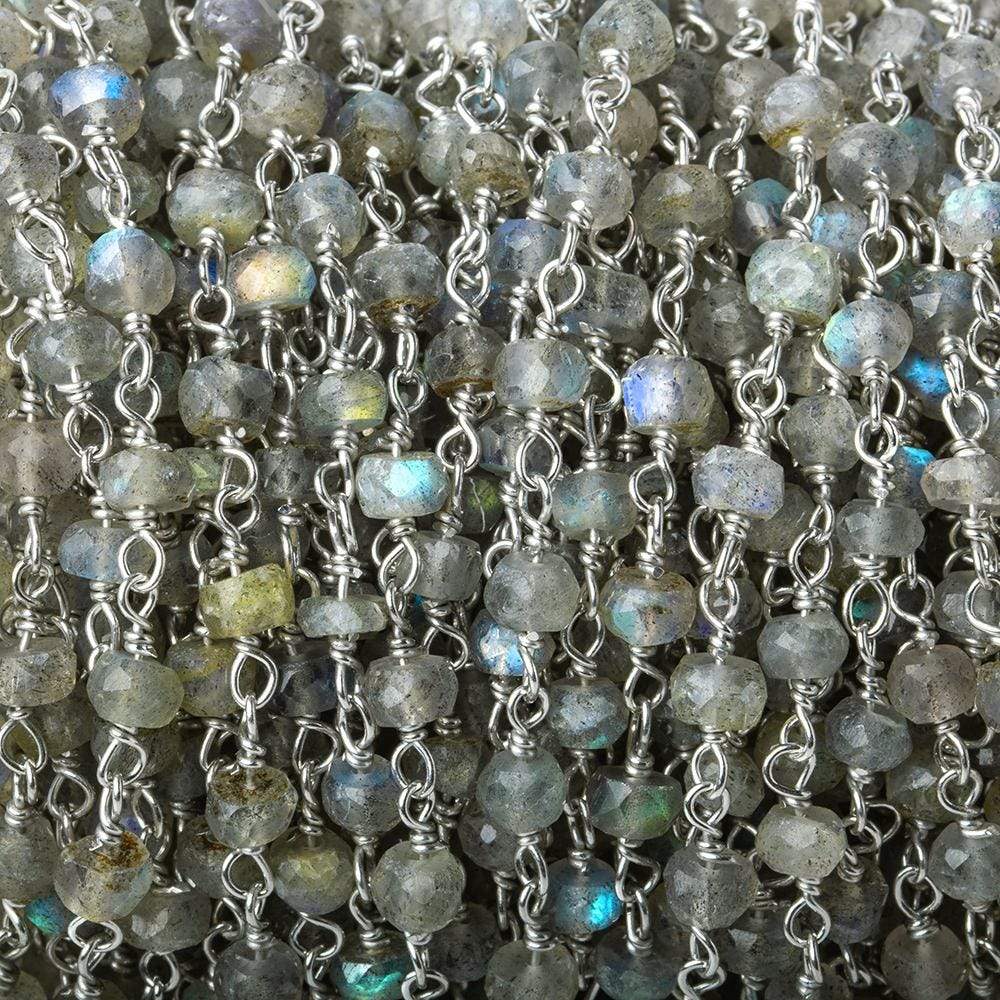 4mm Labradorite faceted rondelle Silver .925 Chain by the foot AA grade - Beadsofcambay.com