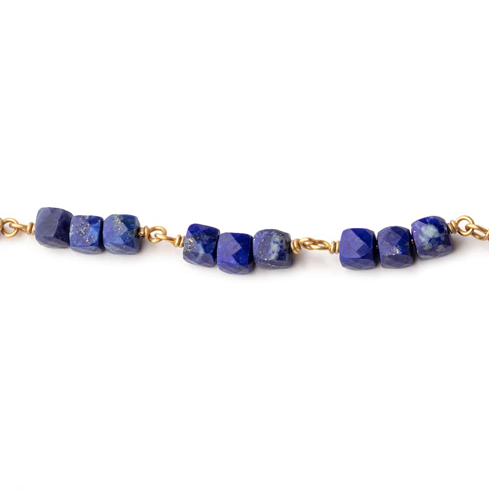 4mm Lapis Lazuli Micro Faceted Cube Gold Plated Chain by the Foot - Beadsofcambay.com