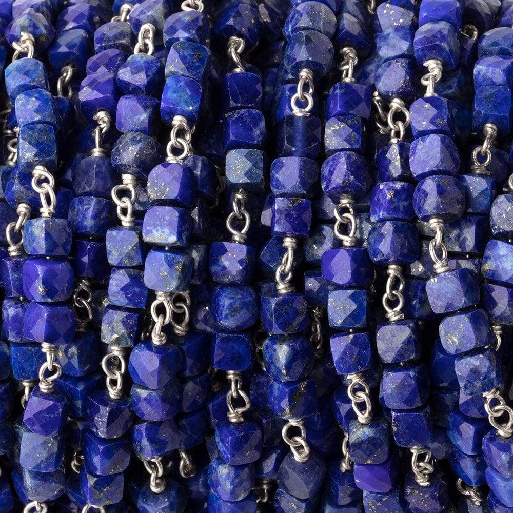 4mm Lapis Lazuli Micro Faceted Cube Silver Chain by the Foot - Beadsofcambay.com
