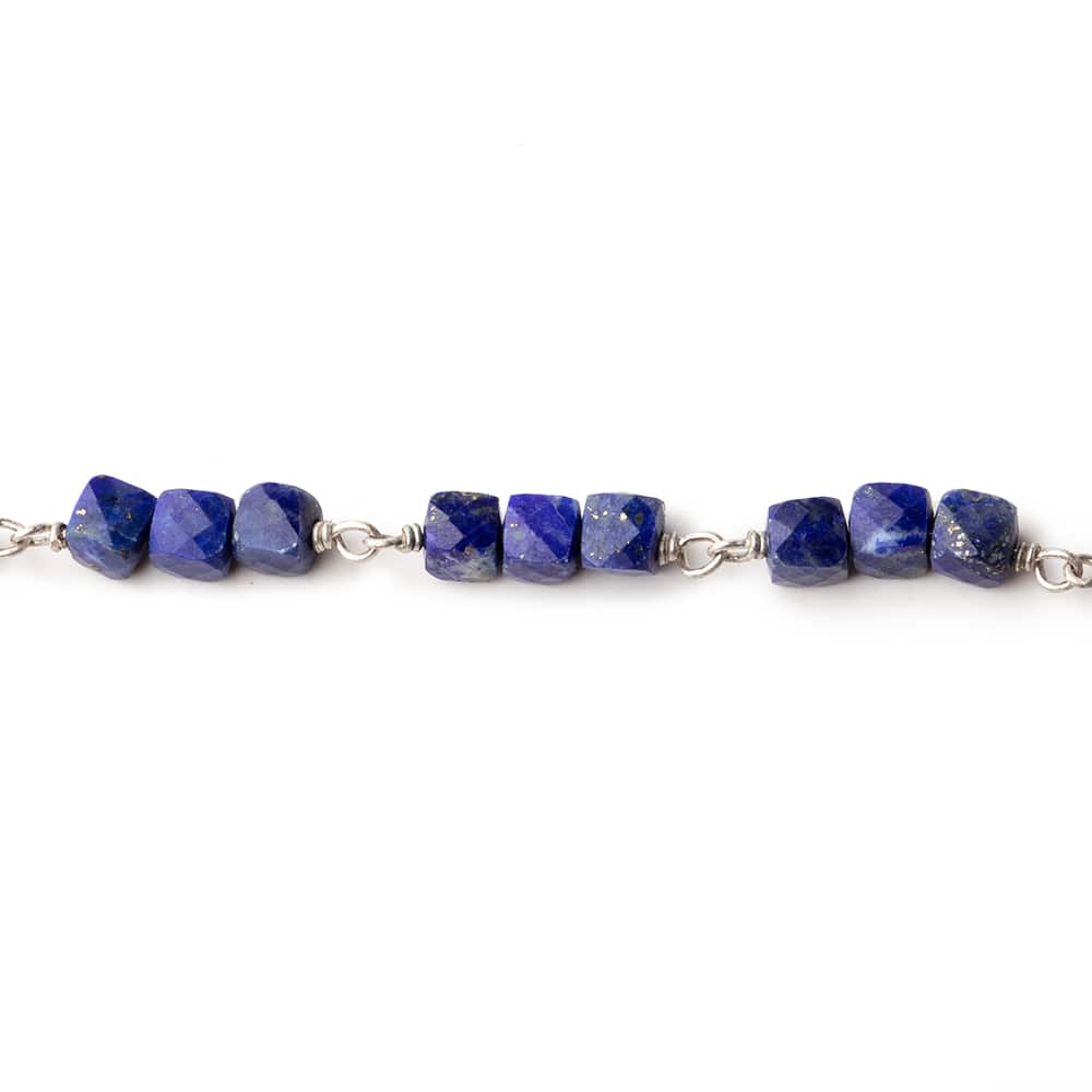 4mm Lapis Lazuli Micro Faceted Cube Silver Chain by the Foot - Beadsofcambay.com