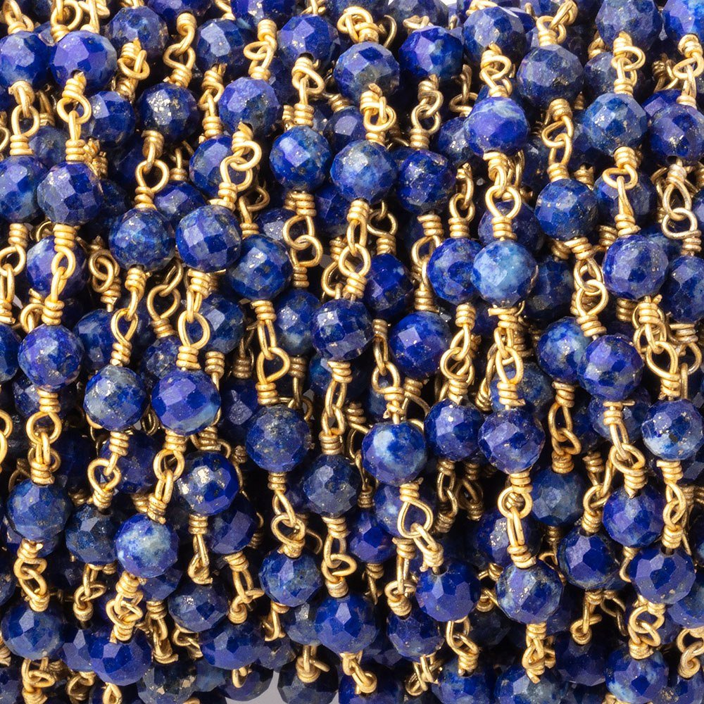 4mm Lapis Lazuli Micro Faceted Rounds on Gold Plated Chain - Beadsofcambay.com