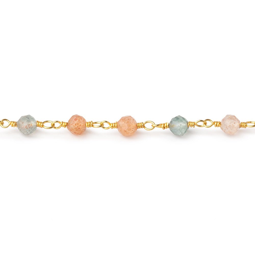 4mm Madagascar Sunstone Micro Faceted Rounds on Gold Plated Chain - Beadsofcambay.com