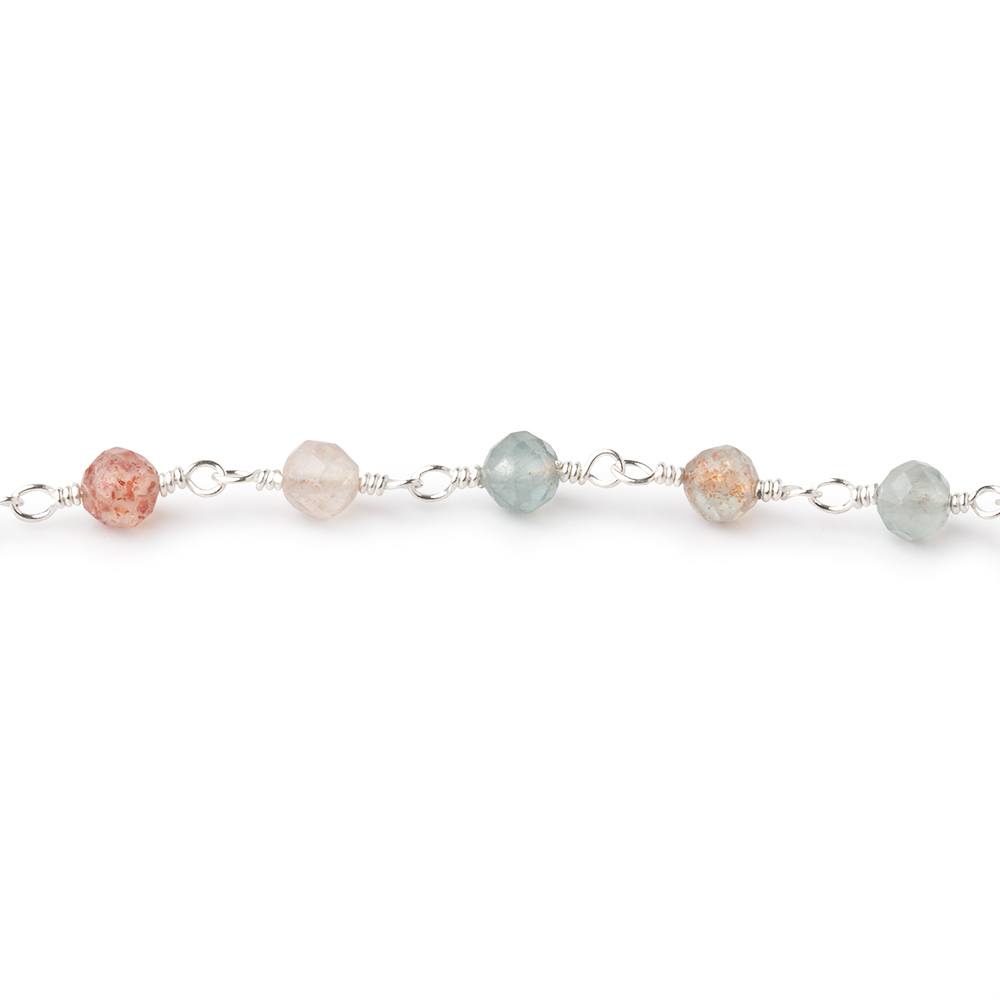 4mm Madagascar Sunstone Micro Faceted Rounds on Silver Plated Chain - Beadsofcambay.com