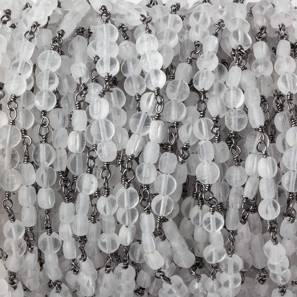 4mm Matte Crystal Quartz faceted coin Trio Black Gold Chain by the foot 54 beads per length - Beadsofcambay.com