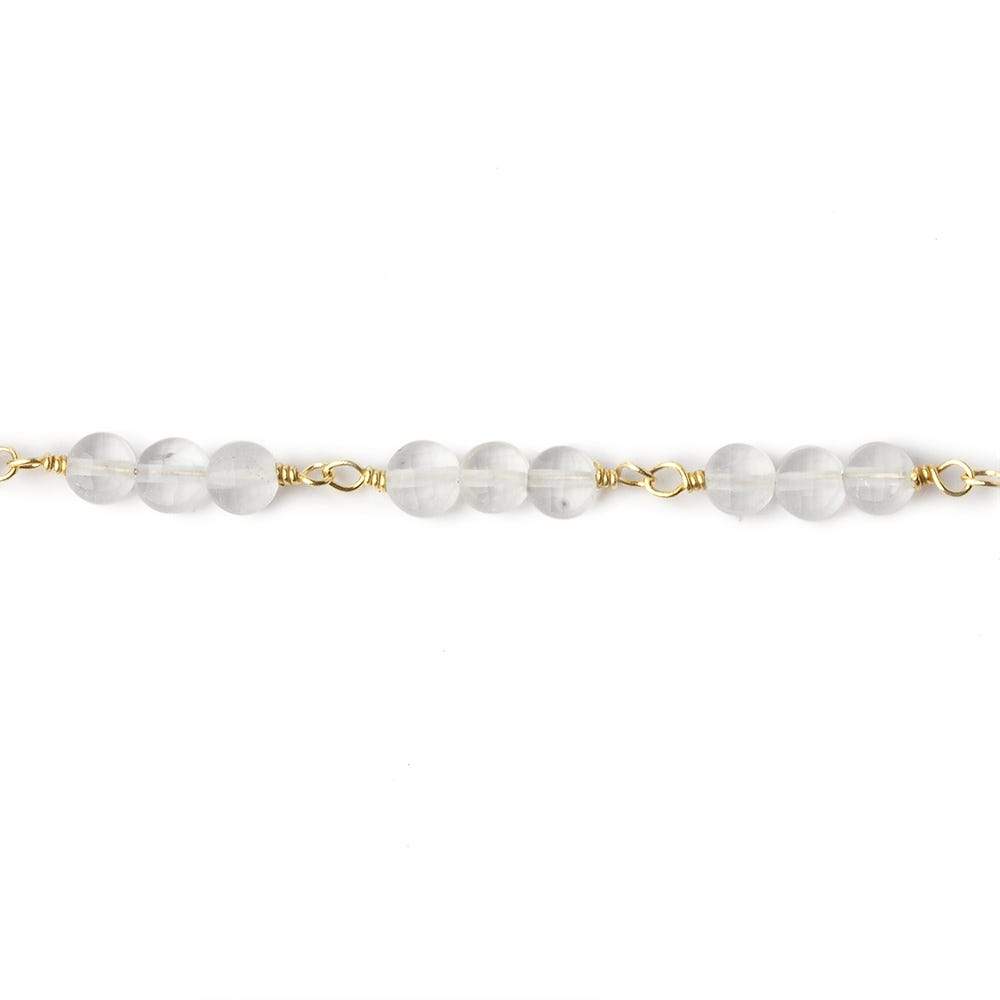 4mm Matte Crystal Quartz faceted coin Trio Gold Chain by the foot 54 beads per length - Beadsofcambay.com