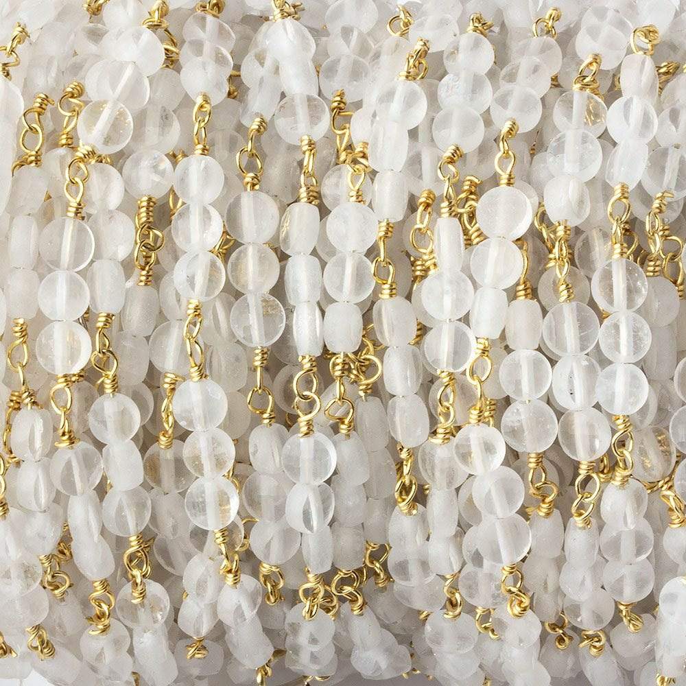 4mm Matte Crystal Quartz faceted coin Trio Gold Chain by the foot 54 beads per length - Beadsofcambay.com