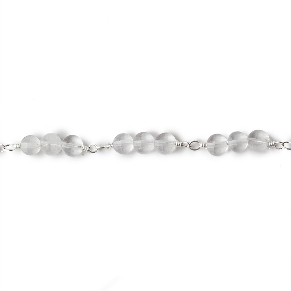 4mm Matte Crystal Quartz faceted coin Trio Silver Chain by the foot 54 beads per length - Beadsofcambay.com