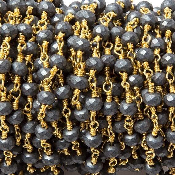 4mm Matte Hematite faceted rondelle Gold plated Chain by the foot 34 pcs - Beadsofcambay.com