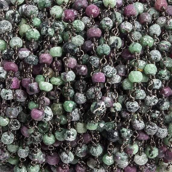 4mm Matte Ruby in Zoisite faceted rondelle Black Gold Chain by the foot 34 pieces - Beadsofcambay.com
