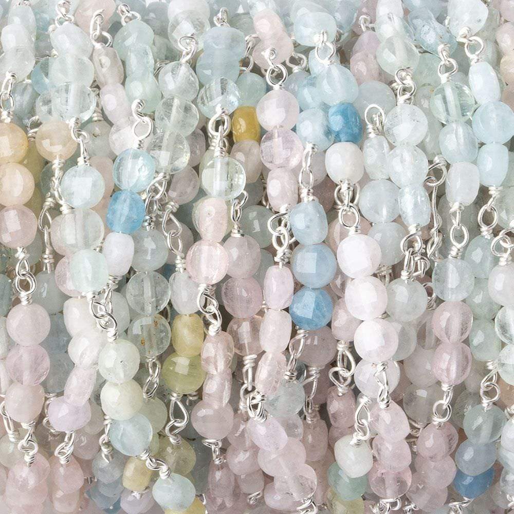 4mm Multi Color Beryl faceted coin Trio Silver Chain by the foot 54 beads per length - Beadsofcambay.com
