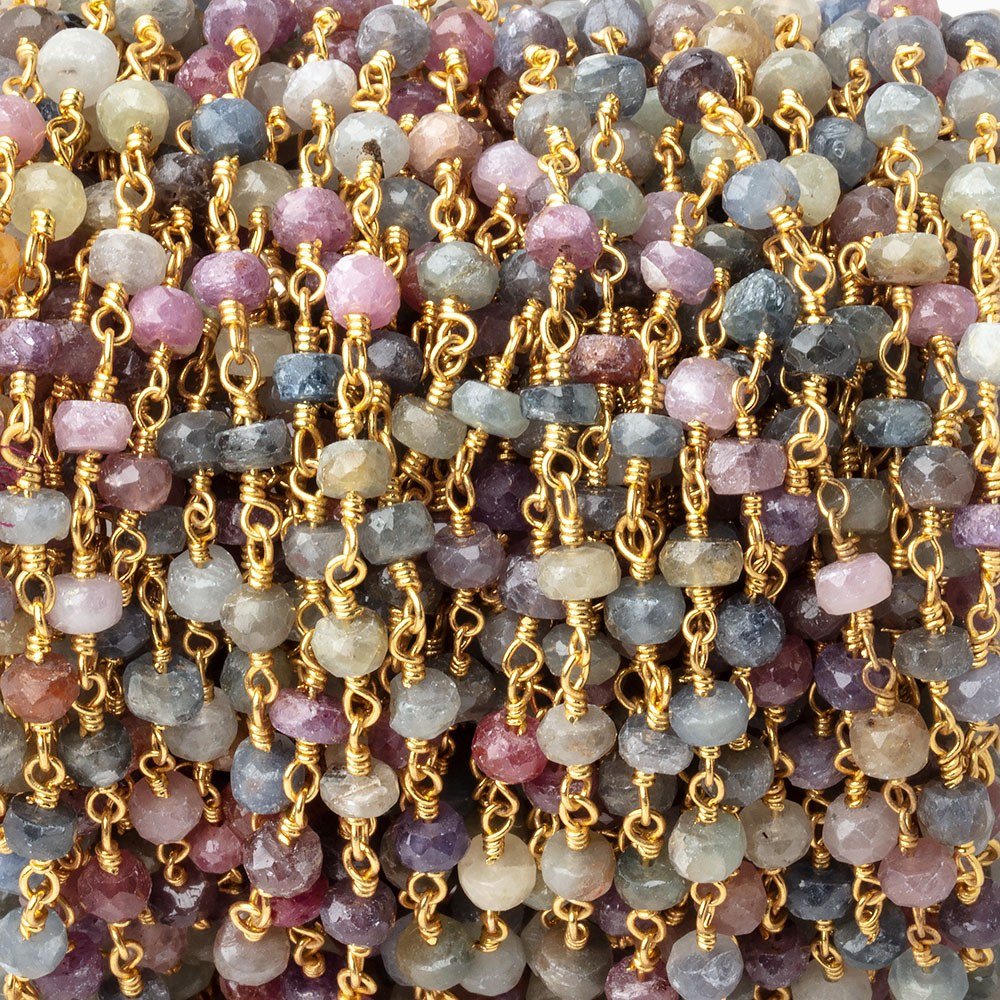 4mm Multi Color Sapphire Faceted Rondelles on Gold Plated Chain - Beadsofcambay.com