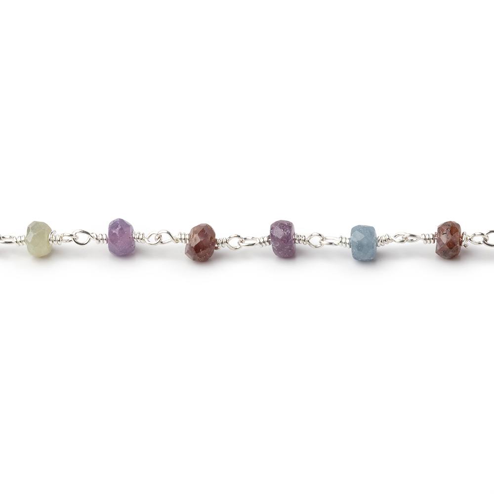 4mm Multi Color Sapphire Faceted Rondelles on Silver Plated Chain - Beadsofcambay.com