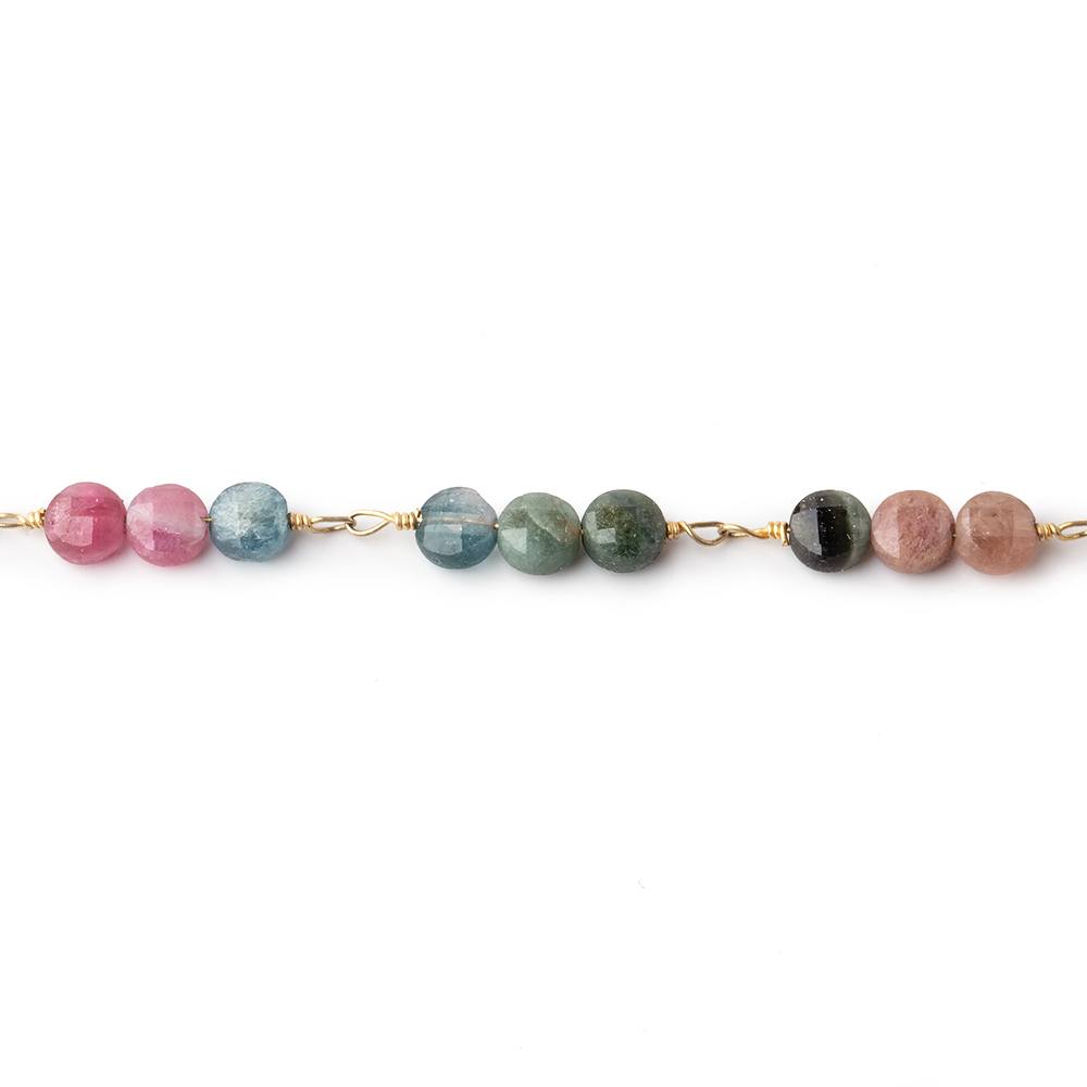 4mm Multi Color Tourmaline Faceted Coin Trio Gold Plated Chain by the Foot 51 beads - Beadsofcambay.com