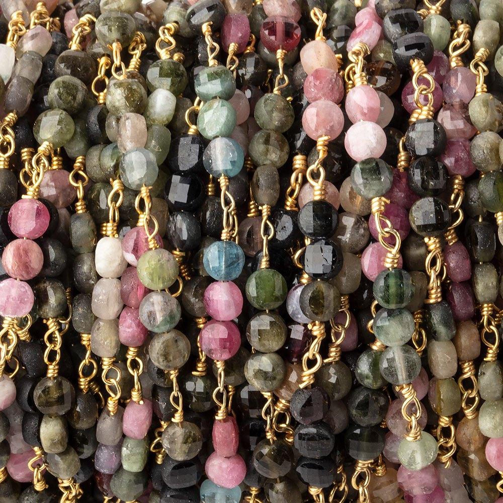 4mm Multi Color Tourmaline Faceted Coin Trio Gold Plated Chain by the Foot 51 beads - Beadsofcambay.com