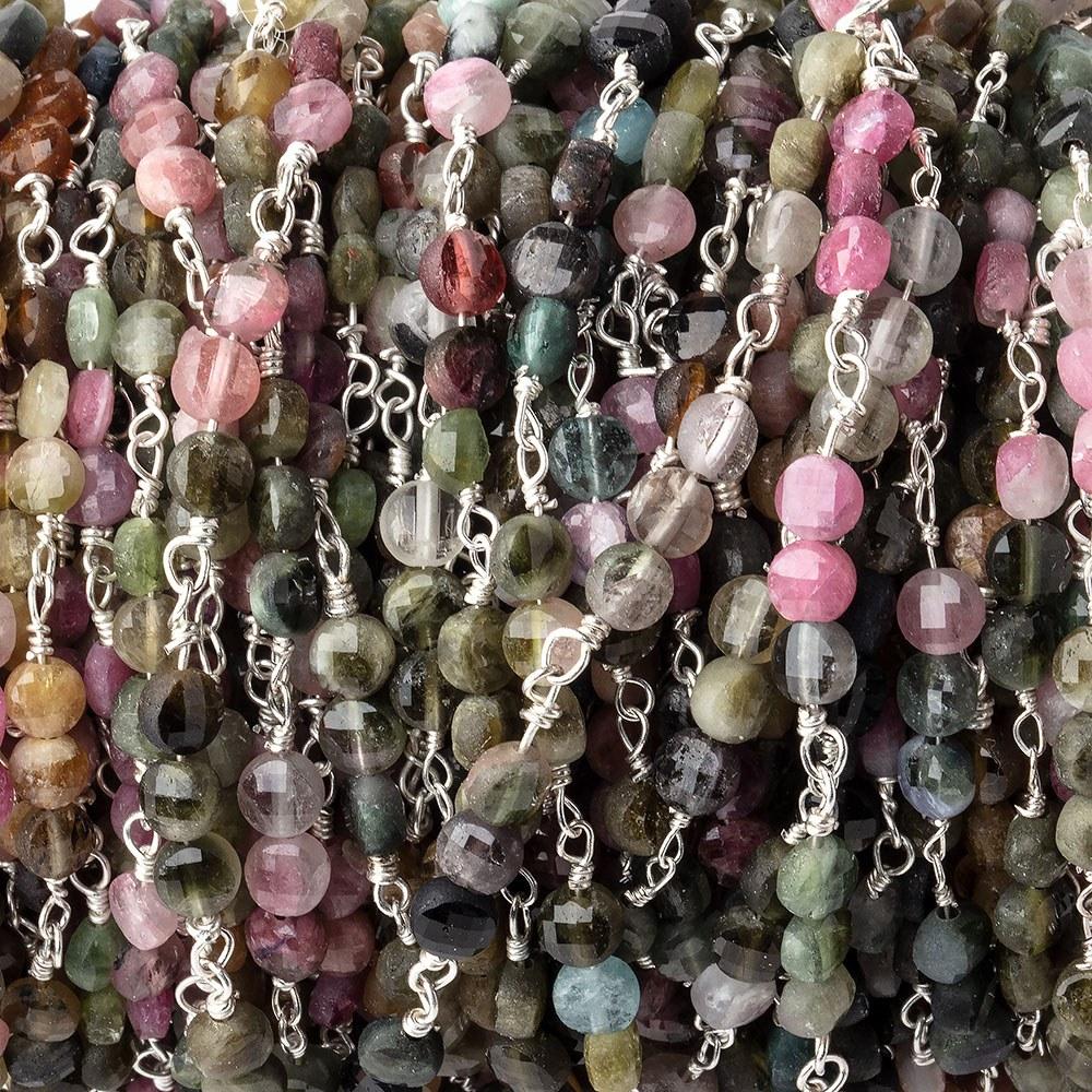 4mm Multi Color Tourmaline Faceted Coin Trio Silver Plated Chain by the Foot 51 Beads - Beadsofcambay.com