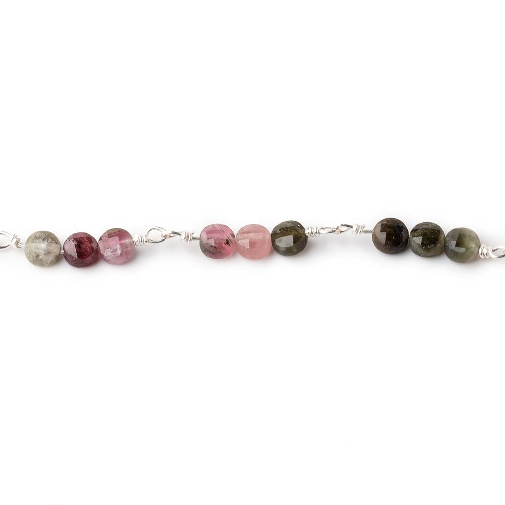 4mm Multi Color Tourmaline Faceted Coin Trio Silver Plated Chain by the Foot 51 Beads - Beadsofcambay.com