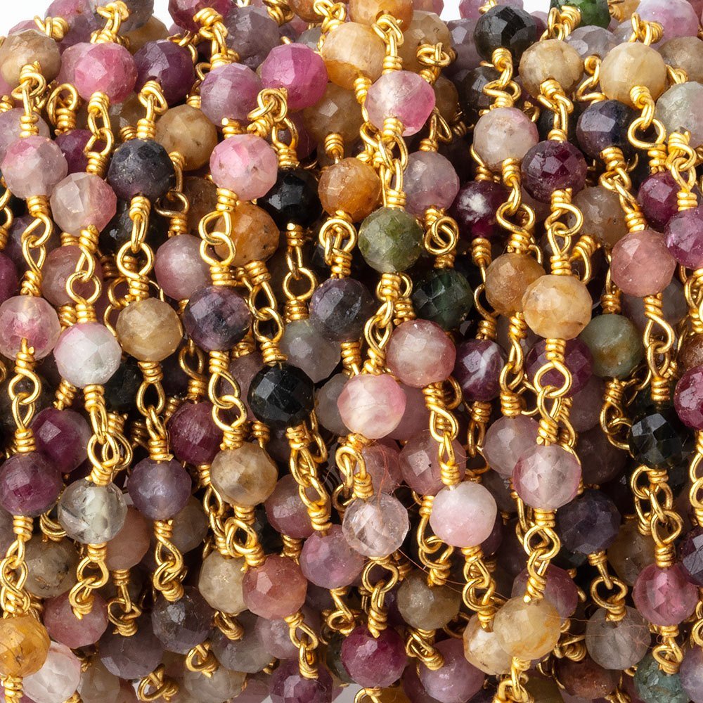 4mm Multi Color Tourmaline Micro Faceted Rounds on Gold Plated Chain - Beadsofcambay.com