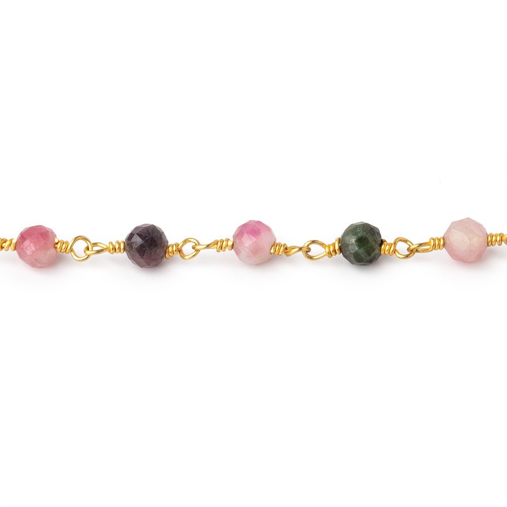 4mm Multi Color Tourmaline Micro Faceted Rounds on Gold Plated Chain - Beadsofcambay.com