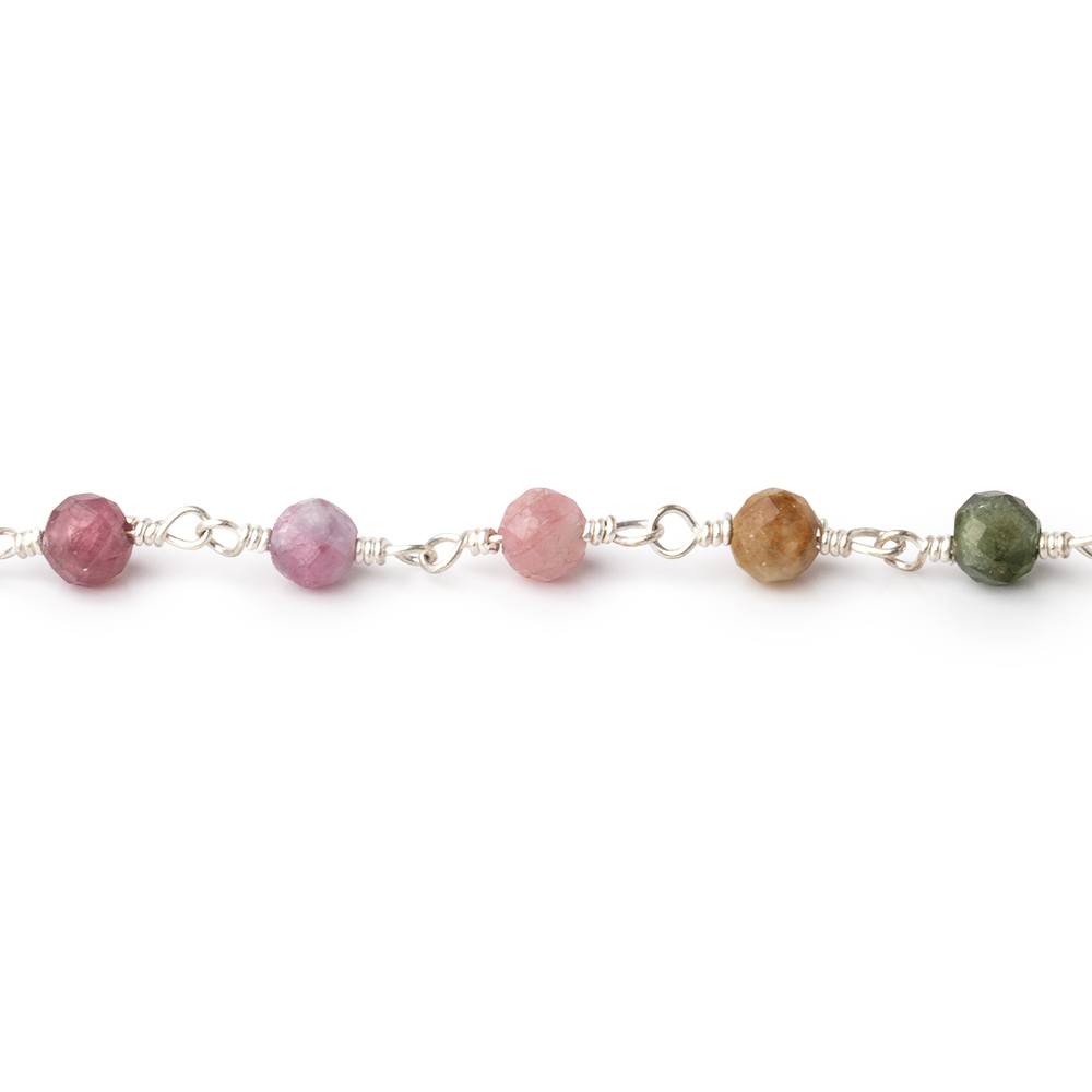 4mm Multi Color Tourmaline Micro Faceted Rounds on Silver Plated Chain - Beadsofcambay.com
