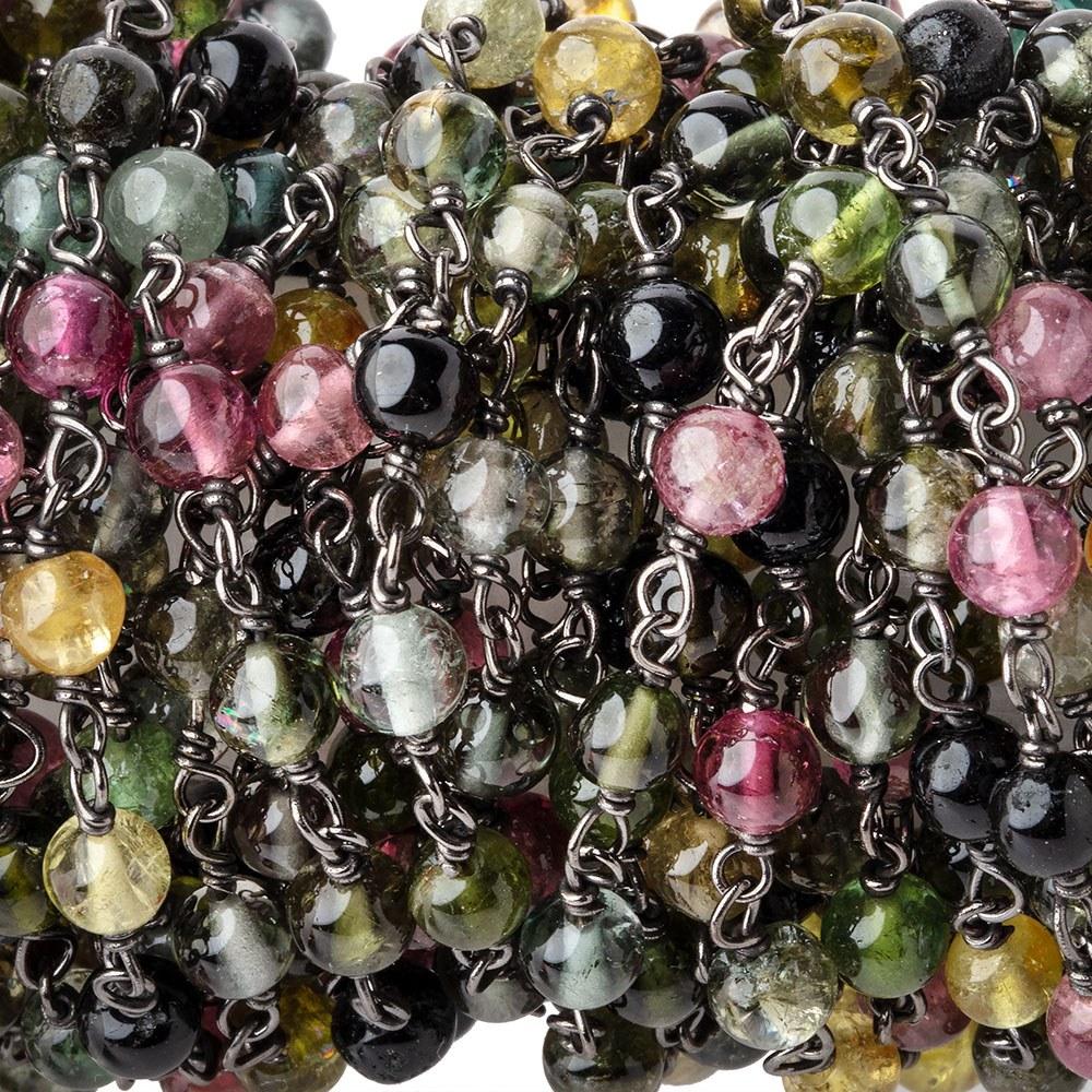 4mm Multi Color Tourmaline Plain Rounds on Black Gold Chain by the foot 35 beads - Beadsofcambay.com