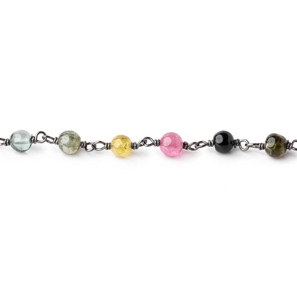 4mm Multi Color Tourmaline Plain Rounds on Black Gold Chain by the foot 35 beads - Beadsofcambay.com