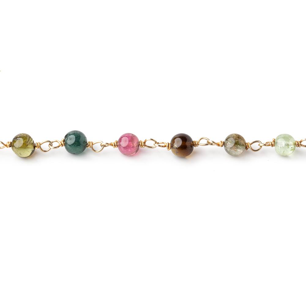4mm Multi Color Tourmaline Plain Rounds on Vermeil Chain by the Foot 35 beads - Beadsofcambay.com