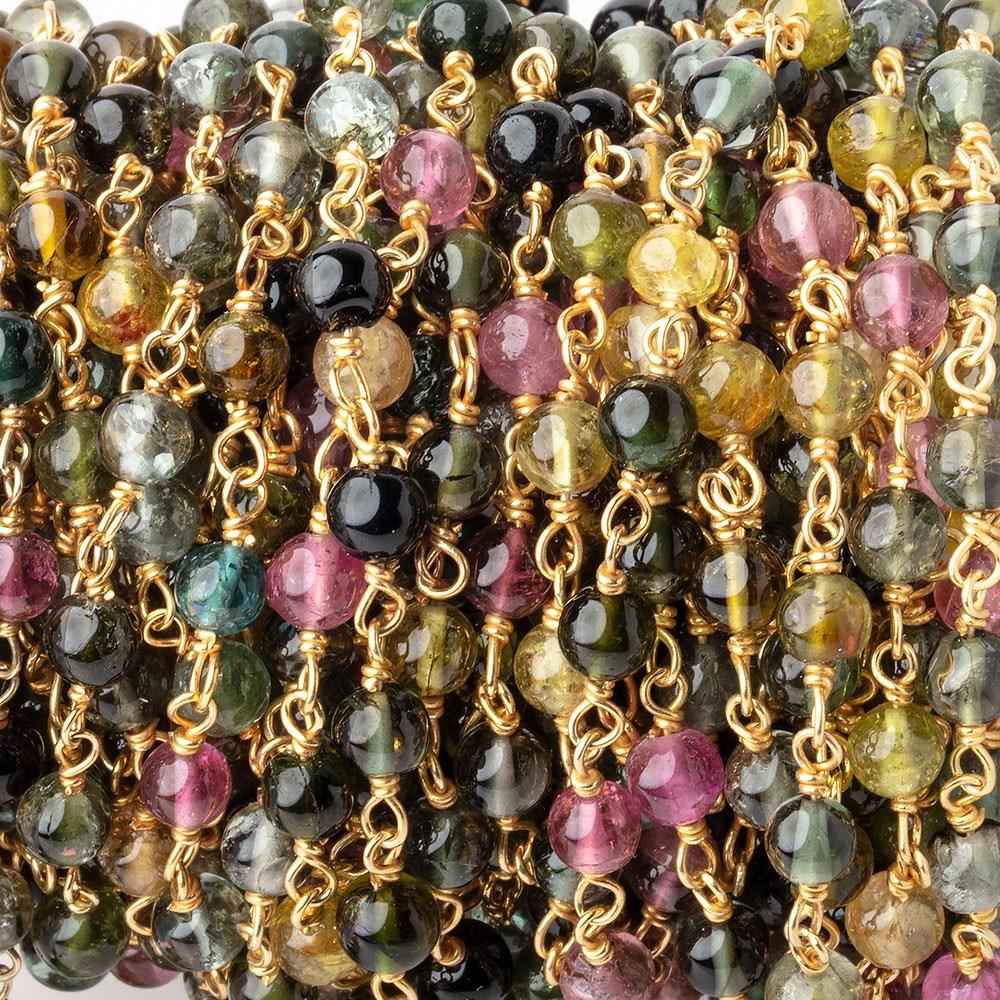 4mm Multi Color Tourmaline Plain Rounds on Vermeil Chain by the Foot 35 beads - Beadsofcambay.com