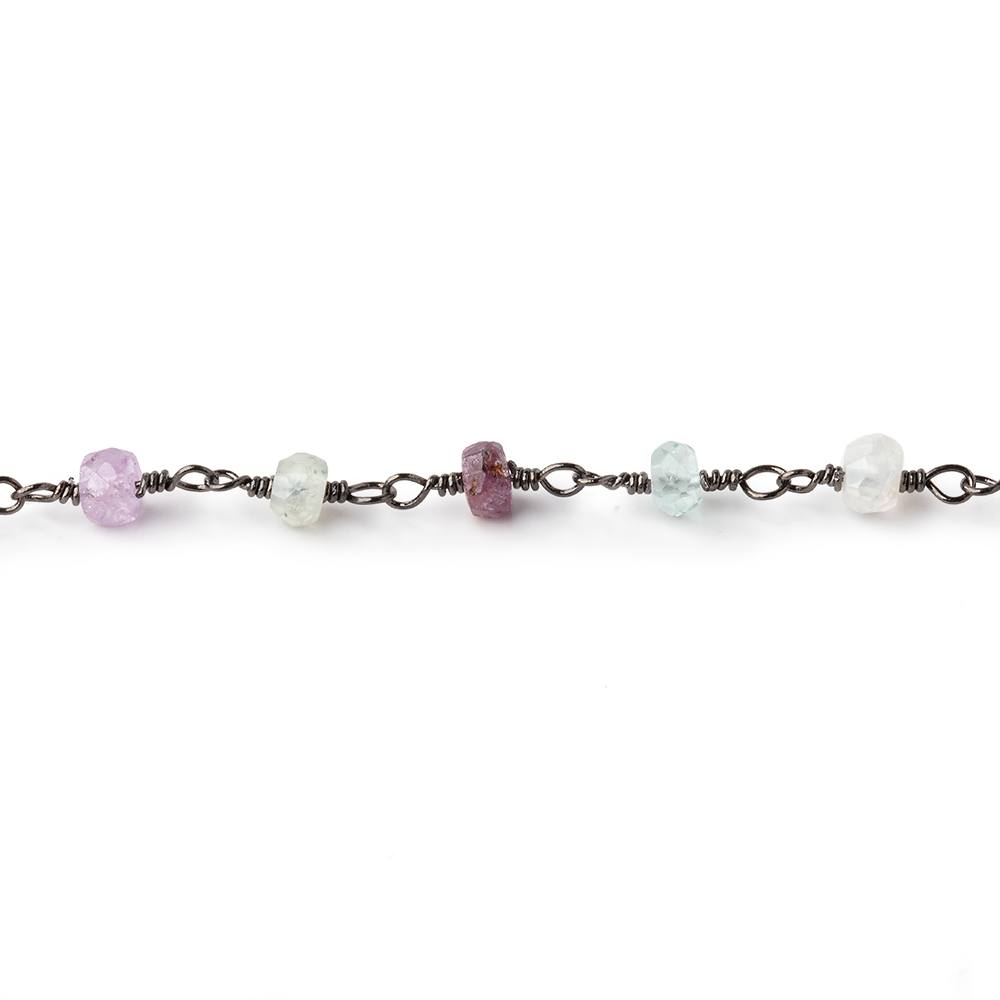 4mm Multi Gemstone Faceted Rondelles on Black Gold .925 Silver Chain by the Foot - Beadsofcambay.com