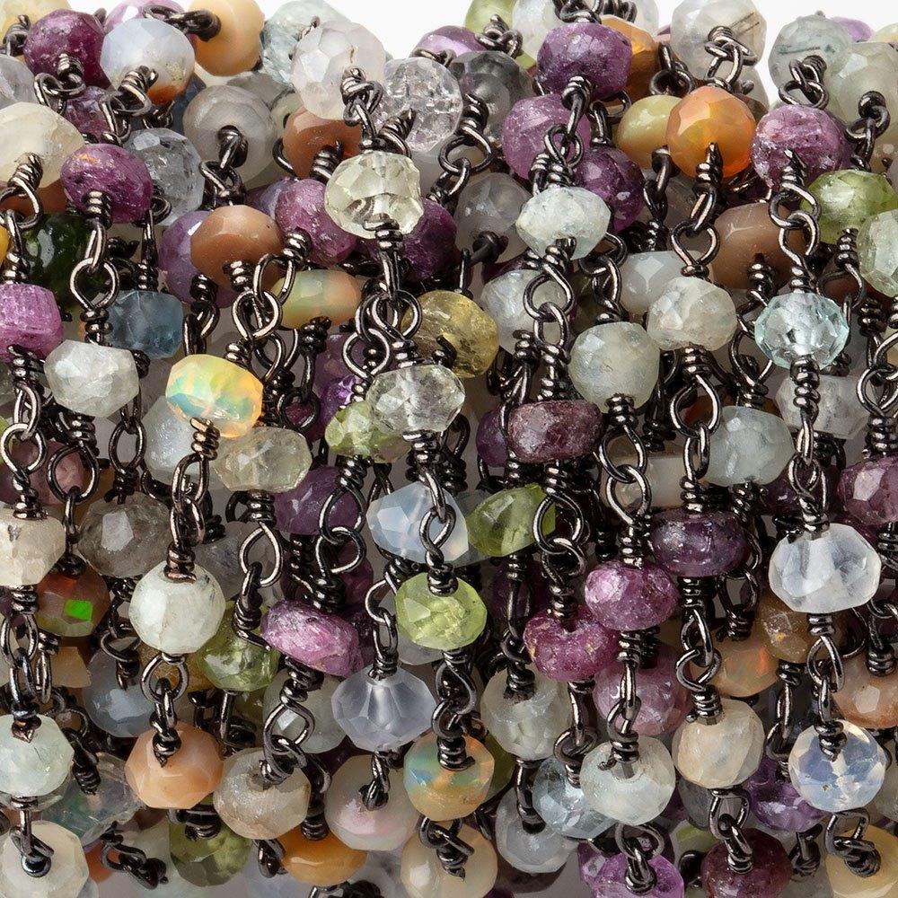 4mm Multi Gemstone Faceted Rondelles on Black Gold .925 Silver Chain by the Foot - Beadsofcambay.com