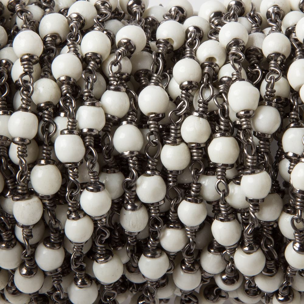 4mm Off White Bone rounds Oxidized Silver Cap and Chain by the foot 24pcs - Beadsofcambay.com