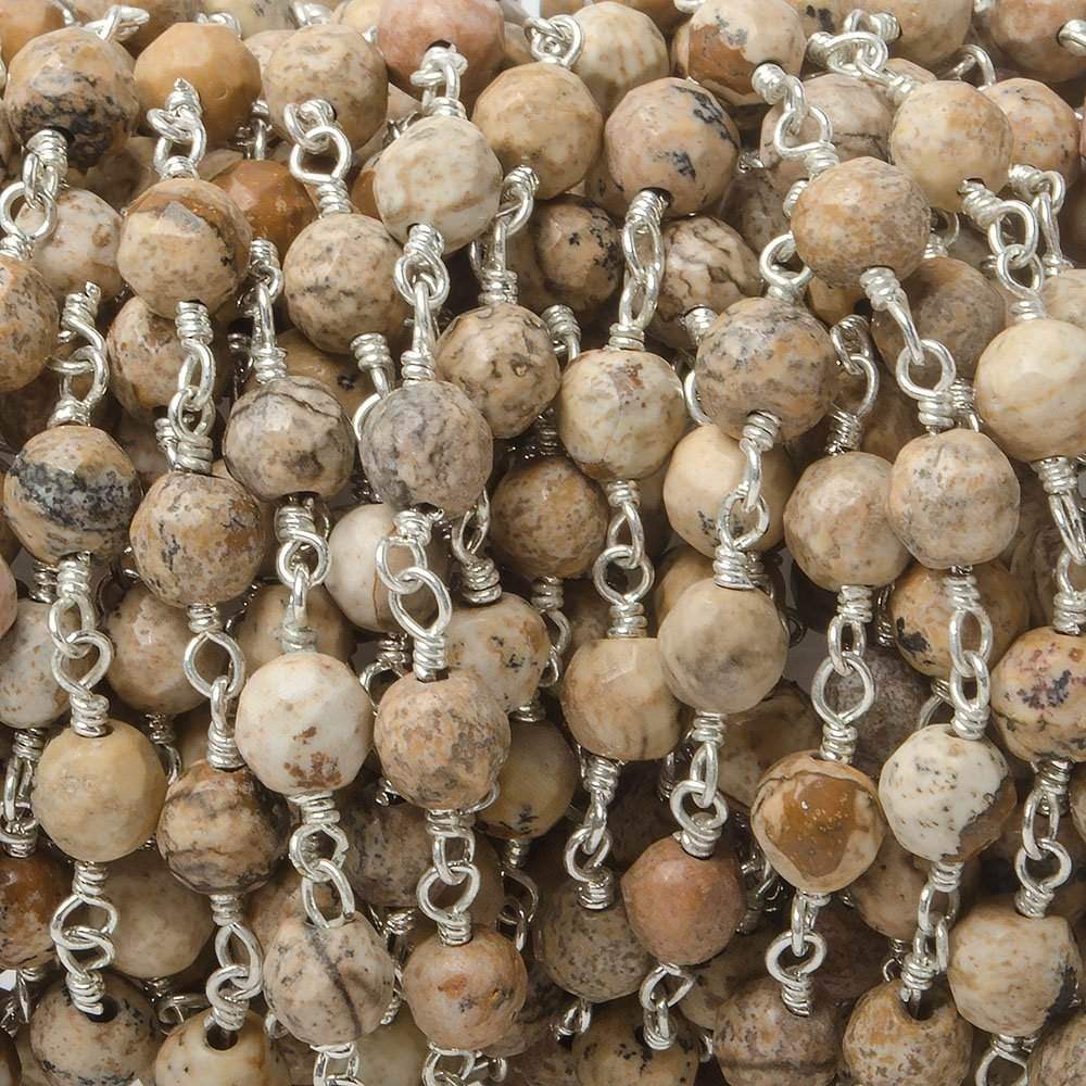 4mm Picture Jasper faceted rounds Silver Plated Wire Wrapped Chain - Beadsofcambay.com