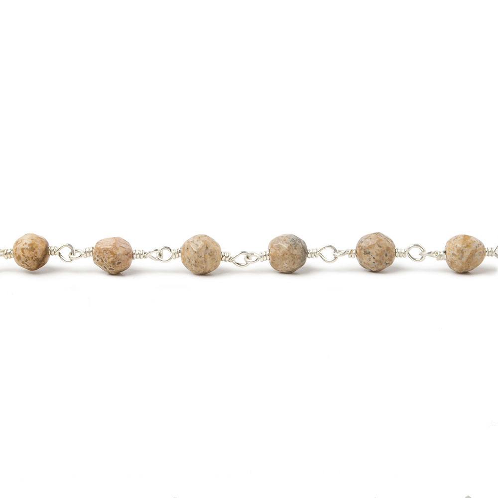 4mm Picture Jasper faceted rounds Silver Plated Wire Wrapped Chain - Beadsofcambay.com