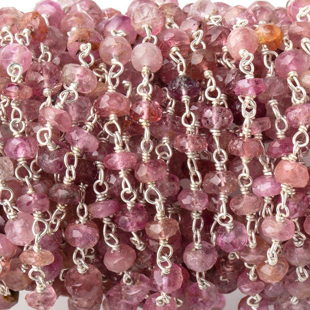 4mm Pink Tourmaline Faceted Rondelles on .925 Silver Chain by the Foot - Beadsofcambay.com