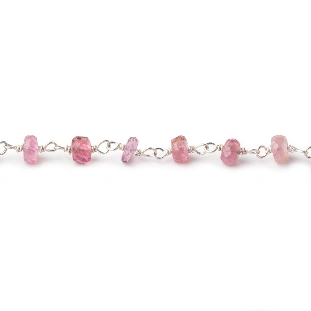 4mm Pink Tourmaline Faceted Rondelles on .925 Silver Chain by the Foot - Beadsofcambay.com