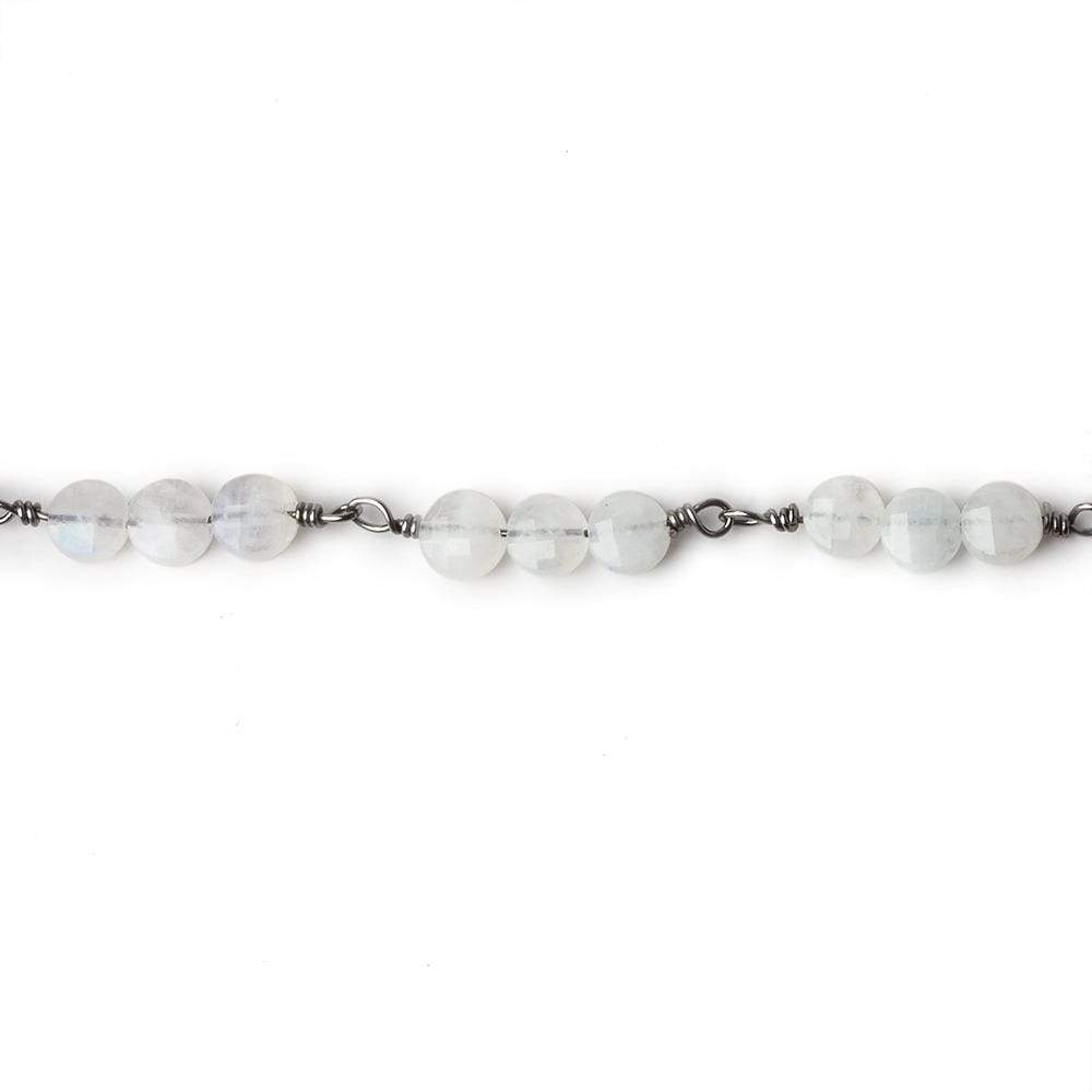 4mm Rainbow Moonstone faceted coin Trio Black Gold Chain by the foot 54 beads per length - Beadsofcambay.com