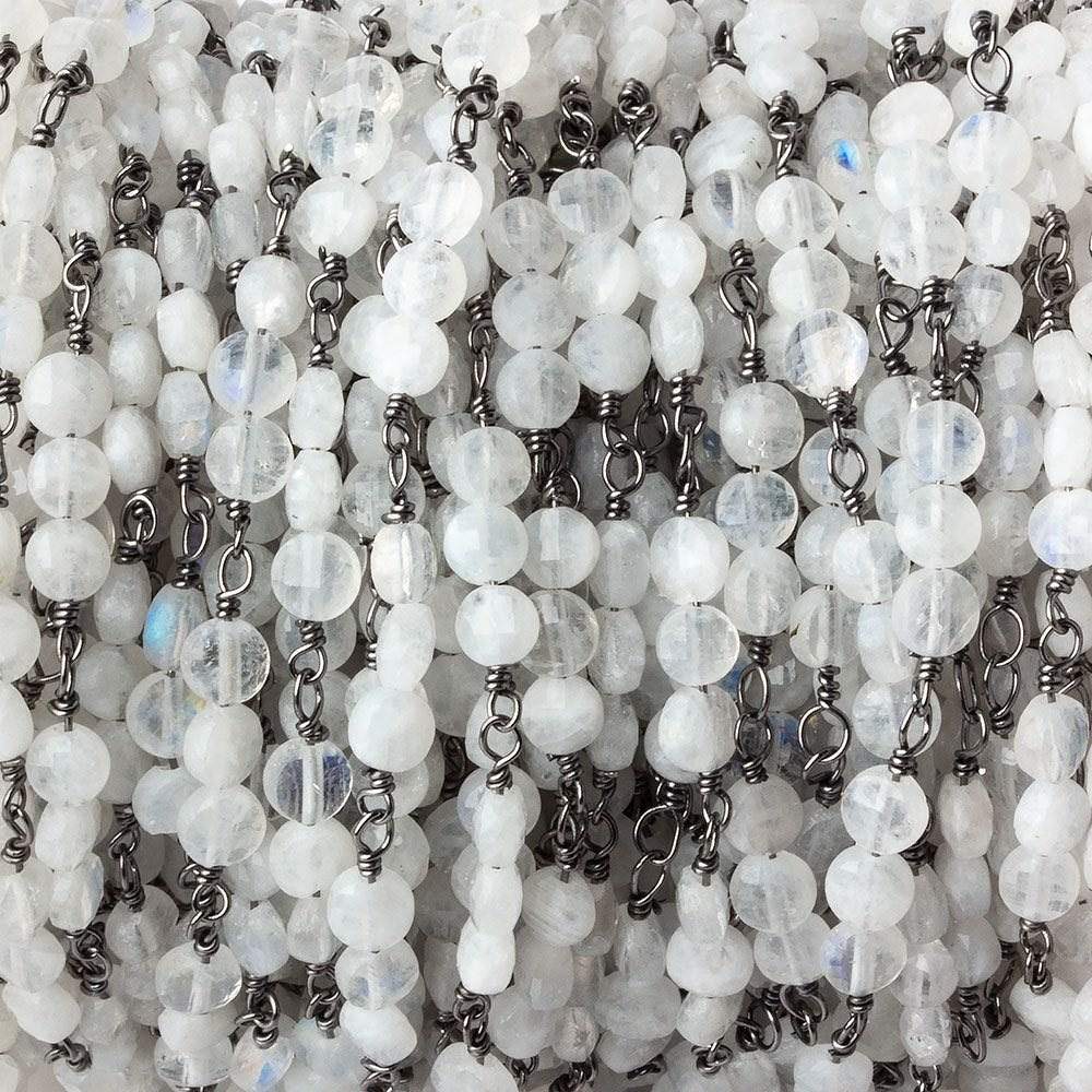 4mm Rainbow Moonstone faceted coin Trio Black Gold Chain by the foot 54 beads per length - Beadsofcambay.com